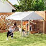 Outdoor Dog Kennel with Cover and Rotating Bowls - 6.6' x 6.6' Silver-Dogs-DECOROLALA