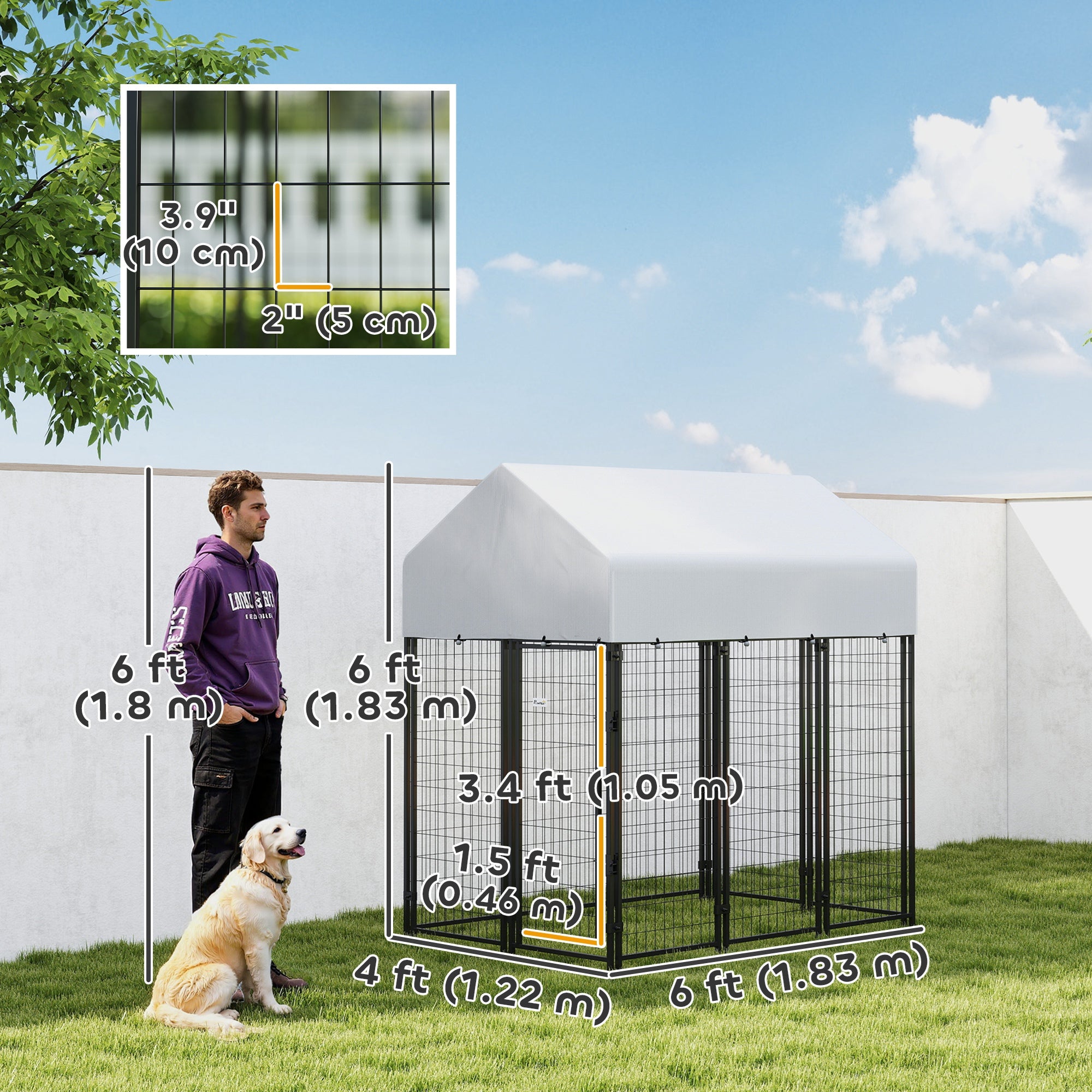 Outdoor Dog Kennel with Roof, 6' x 4' x 6' Heavy Duty Welded Wire Dog Playpen Enclosure with Escape-proof Lock-DECOROLALA