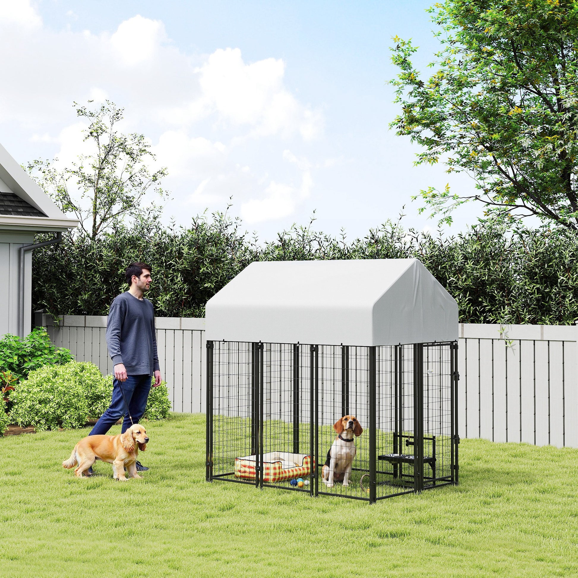 Outdoor Dog Kennel with Roof, 6' x 4' x 6' Heavy Duty Welded Wire Dog Playpen Enclosure with Escape-proof Lock-DECOROLALA