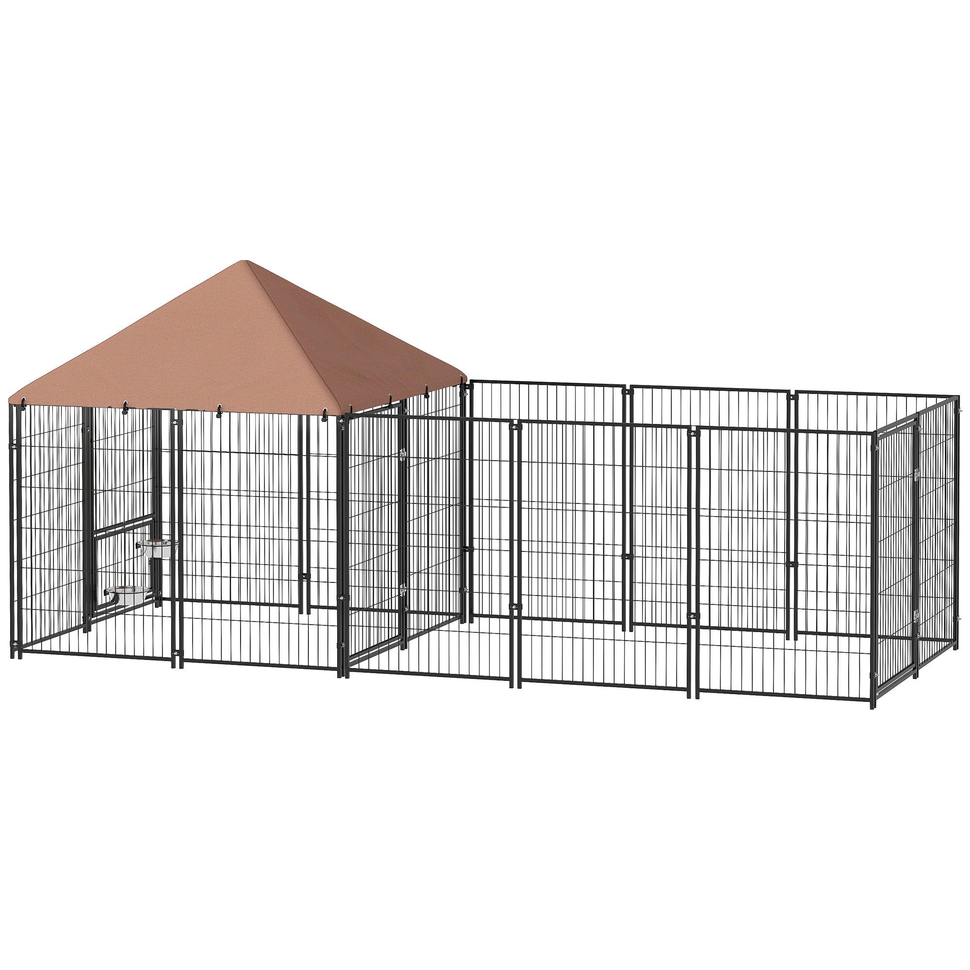 Outdoor Dog Kennel with Rotating and Adjustable Height Bowls, Waterproof UV-Resistant Cover, 11.3' x 4.7' x 5.1'-Dogs-DECOROLALA