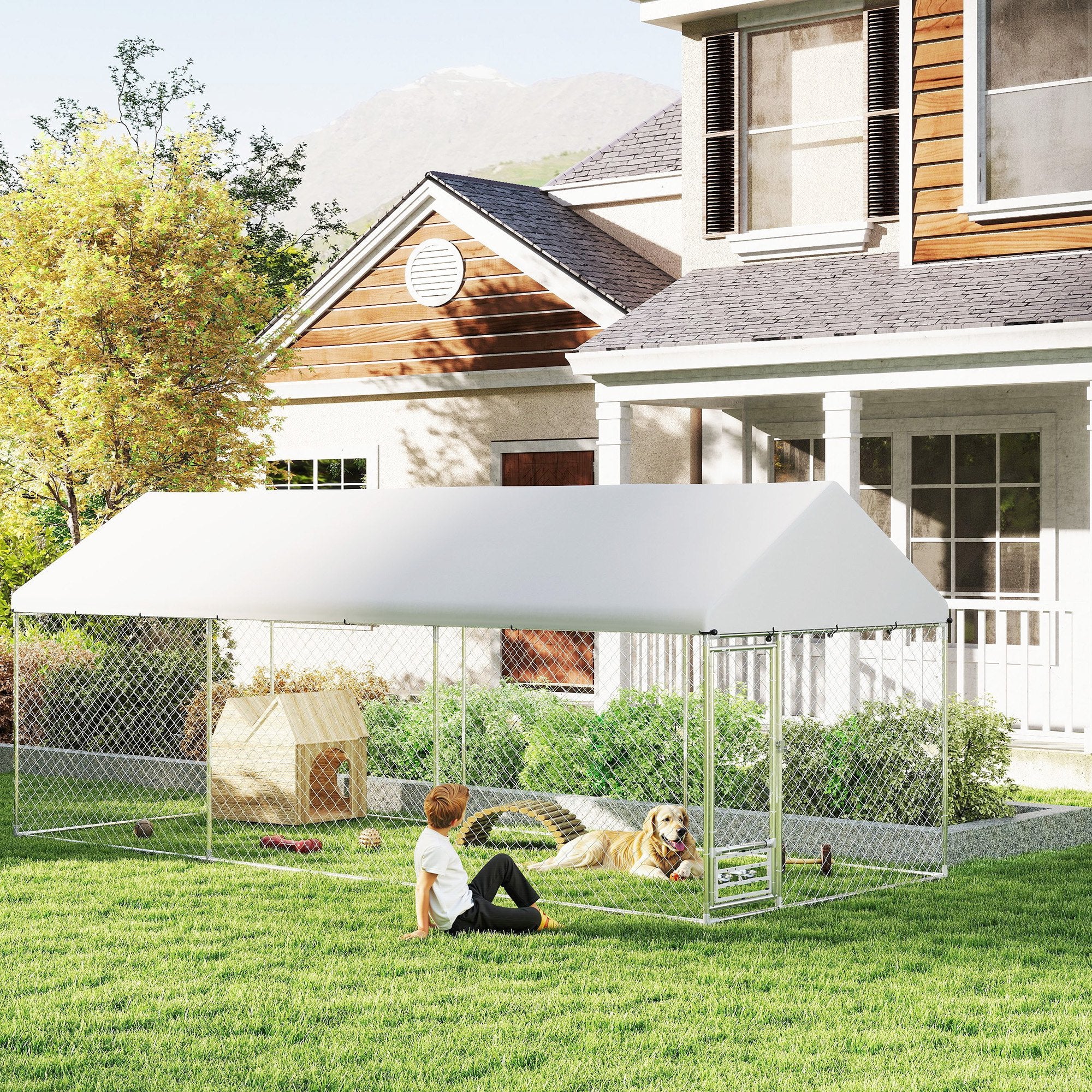 Outdoor Dog Kennel with UV-Resistant Cover - 19.7' x 7.5' x 7.5'-DECOROLALA