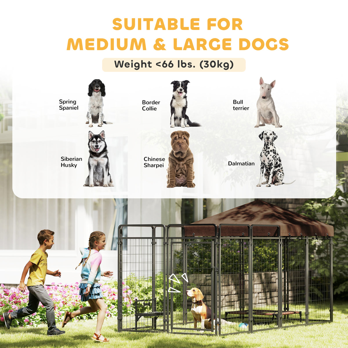 Outdoor Dog Kennel with Waterproof Canopy - 111" L Black Steel-Dogs-DECOROLALA