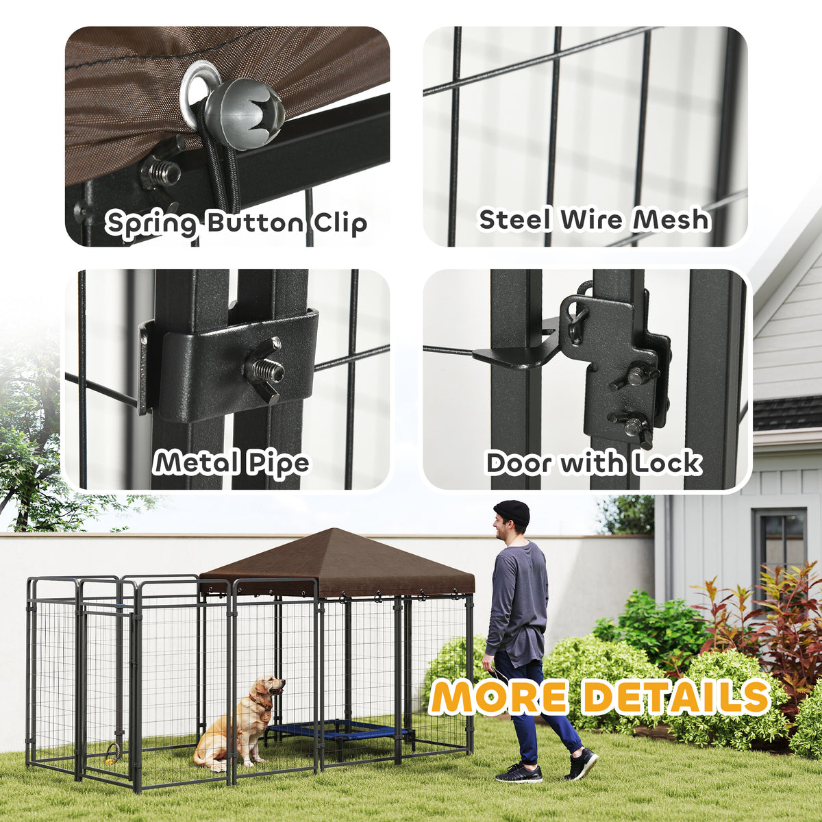 Outdoor Dog Kennel with Waterproof Canopy - 111" L Black Steel-Dogs-DECOROLALA