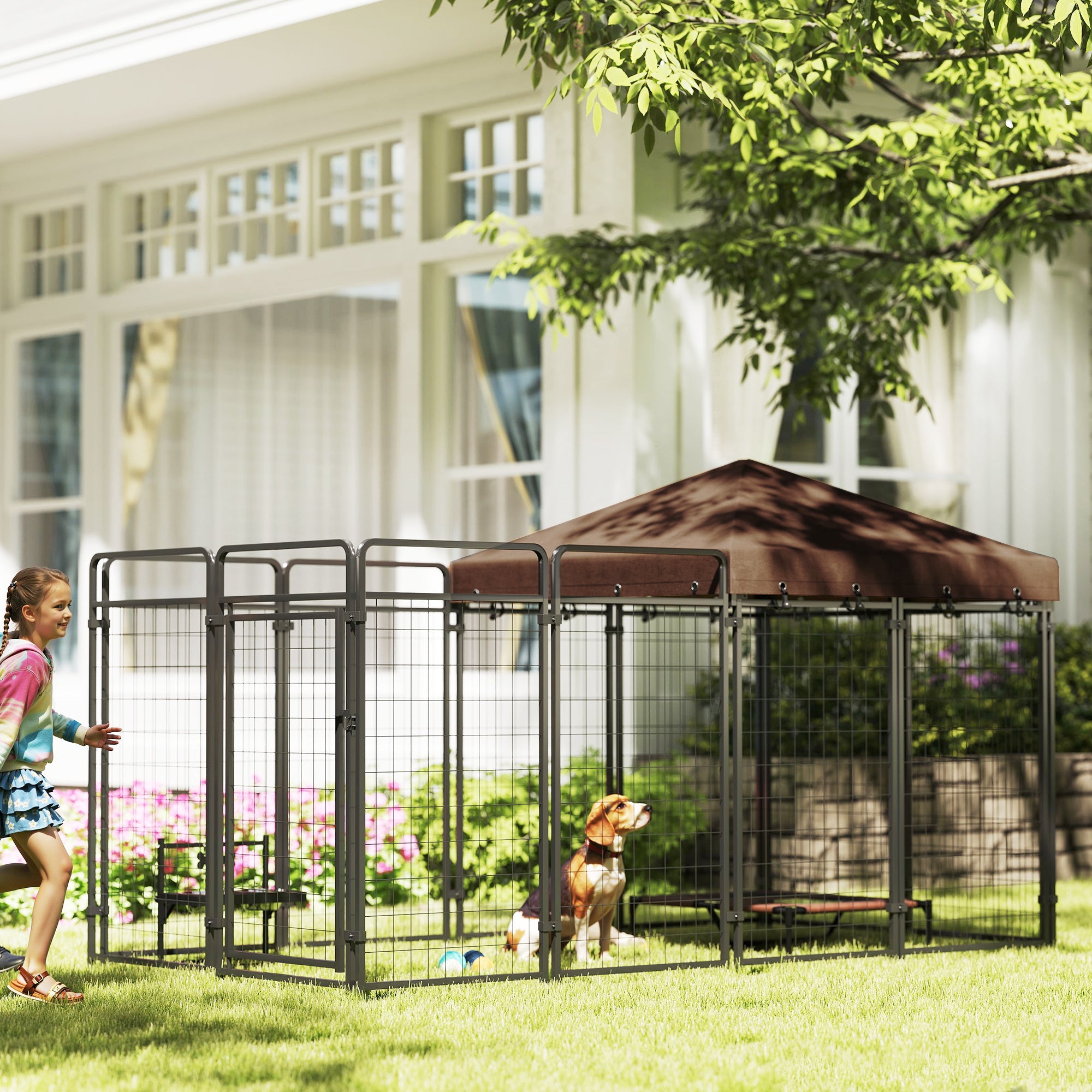 Outdoor Dog Kennel with Waterproof Canopy - 111" L Black Steel-Dogs-DECOROLALA