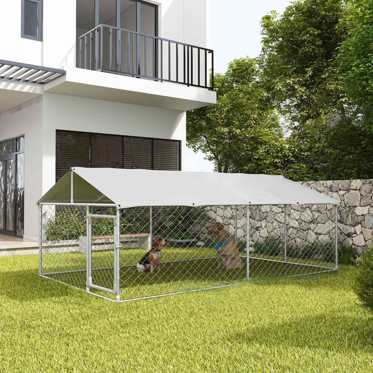 Outdoor Dog Kennel with Waterproof Cover - 13.1' x 7.5' Silver-Dogs-DECOROLALA