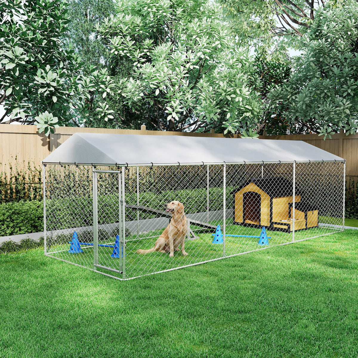 Outdoor Dog Kennel with Waterproof Cover - 20' x 7.5' x 6.6' Silver-Dogs-DECOROLALA