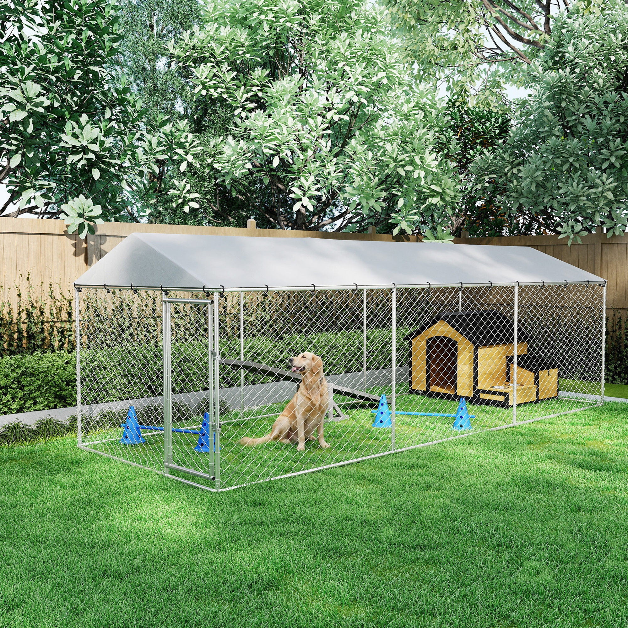 Outdoor Dog Kennel with Waterproof Cover - 20' x 7.5' x 6.6' Silver-Dogs-DECOROLALA