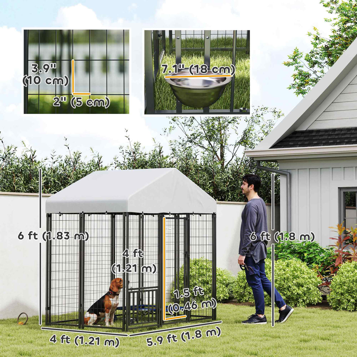 Outdoor Dog Kennel with Waterproof Cover & Feeding Bowls - 6ft-Dogs-DECOROLALA