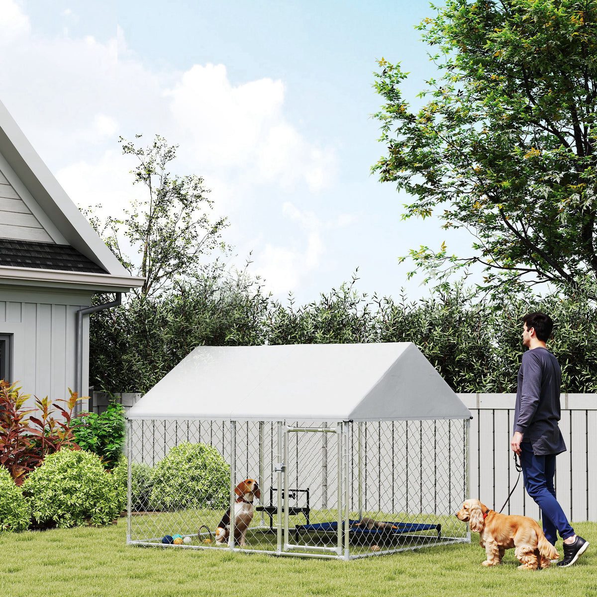 Outdoor Dog Kennel with Waterproof Cover - Silver 84" x 71" x 61"-Dogs-DECOROLALA