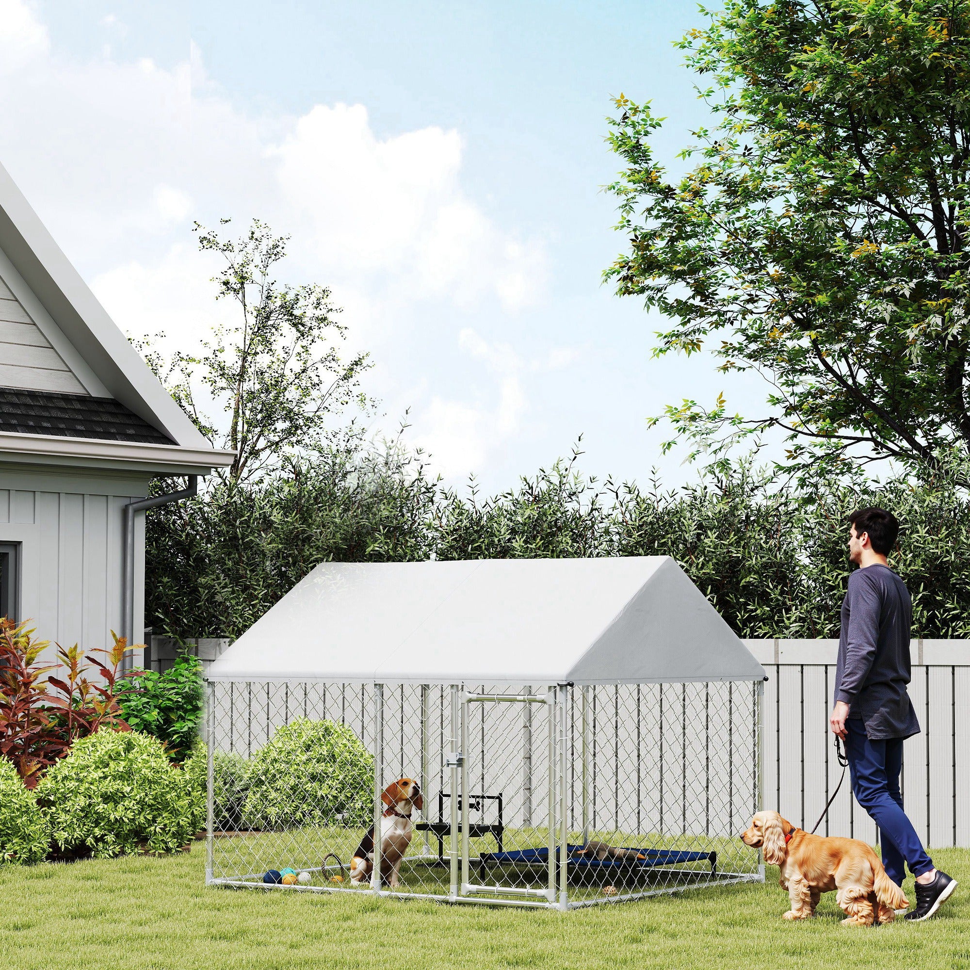 Outdoor Dog Kennel with Waterproof Cover - Silver 84" x 71" x 61"-Dogs-DECOROLALA