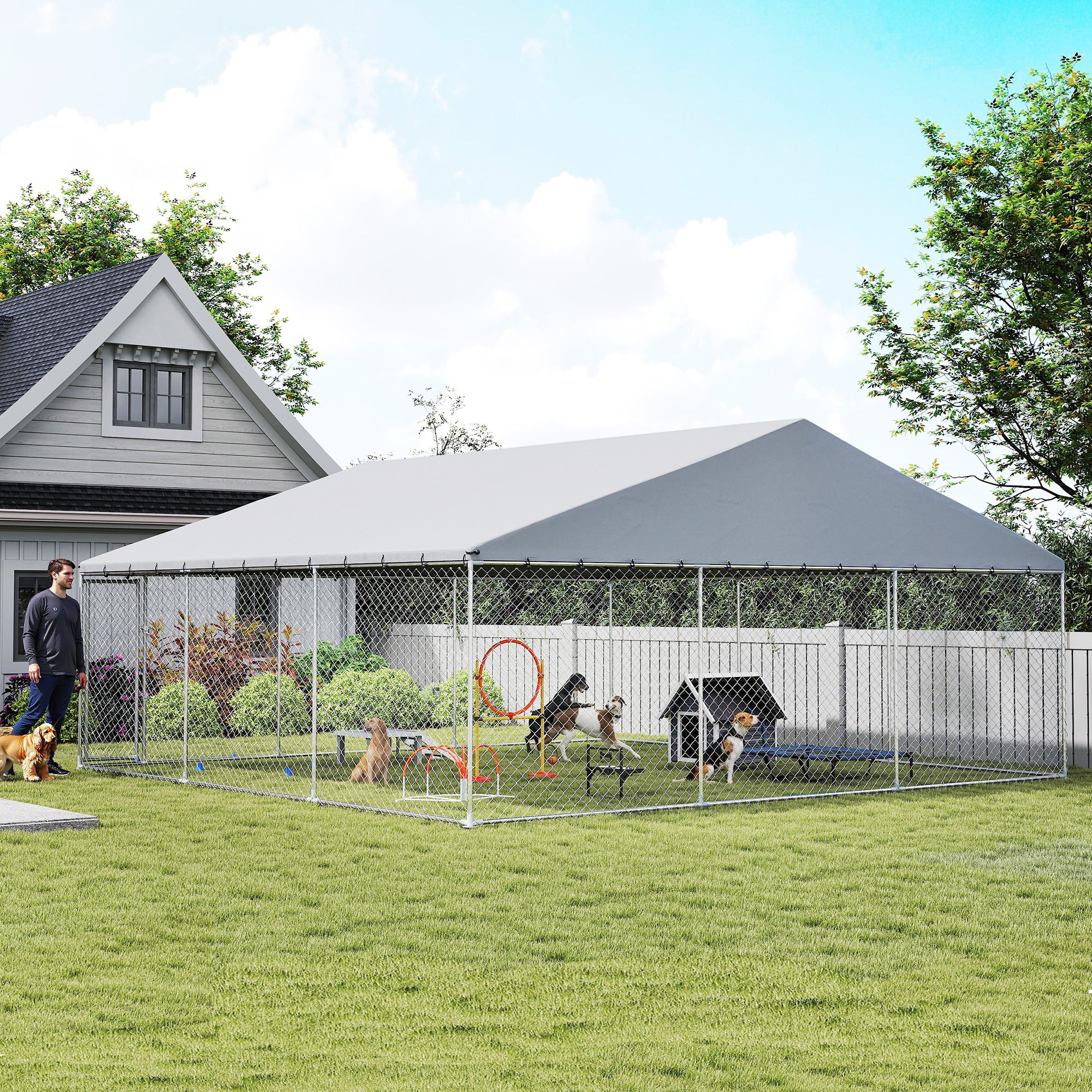 Outdoor Dog Kennel with Waterproof Roof - 19.7' x 19.7' Silver-Dogs-DECOROLALA