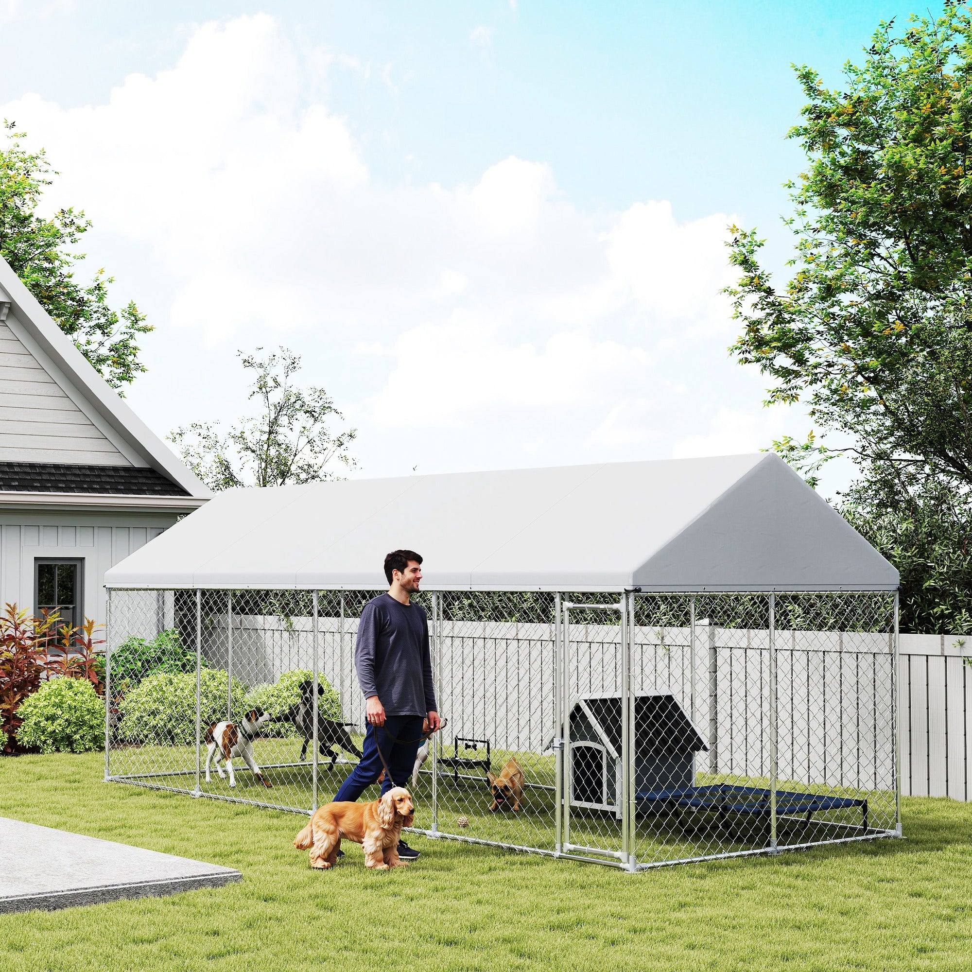Outdoor Dog Kennel with Waterproof Roof - 19.7' x 7.5' x 7.9' Silver-Dogs-DECOROLALA