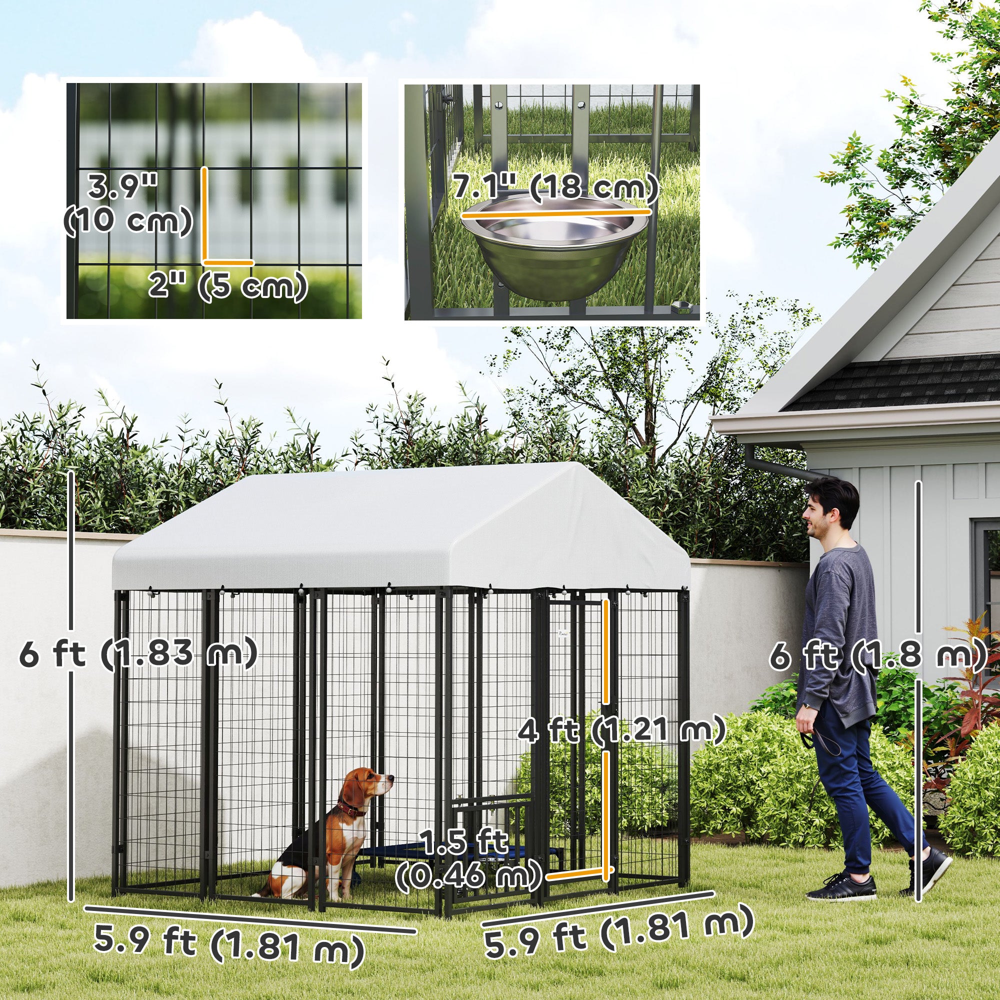 Outdoor Dog Kennel with Waterproof UV-Resistant Cover, Rotating & 4-Level Adjustable Feeding Bowls, 6 x 6 x 6 ft-Dogs-DECOROLALA