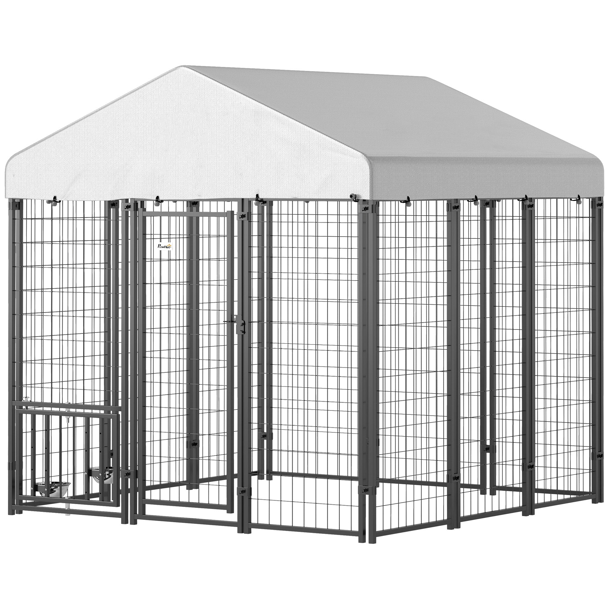 Outdoor Dog Kennel with Waterproof UV-Resistant Cover, Rotating & 4-Level Adjustable Feeding Bowls, 6 x 6 x 6 ft-Dogs-DECOROLALA