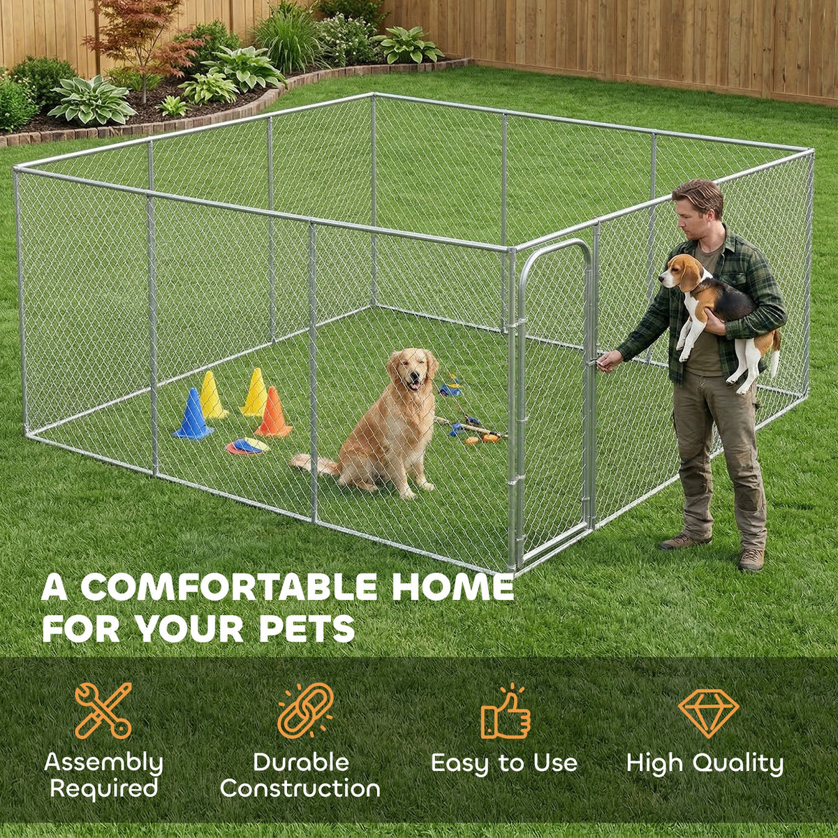 Outdoor Dog Playpen - 15' x 15' Galvanized Steel Kennel Silver-Dogs-DECOROLALA
