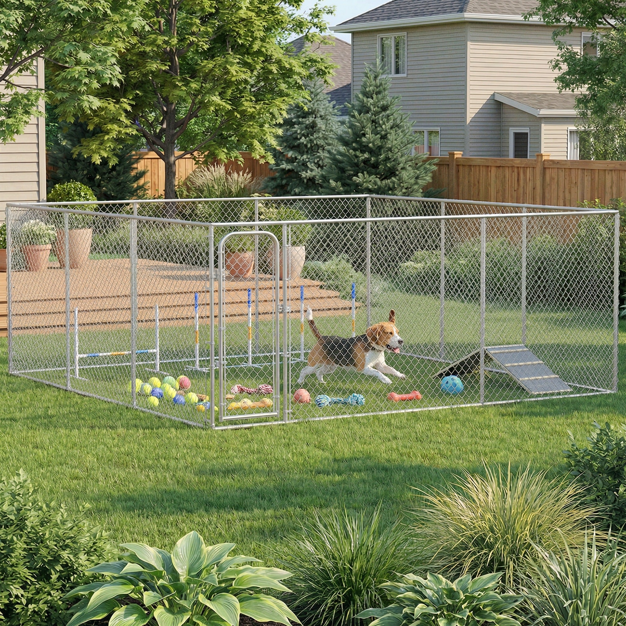 Outdoor Dog Playpen - 15' x 15' Galvanized Steel Kennel Silver-Dogs-DECOROLALA