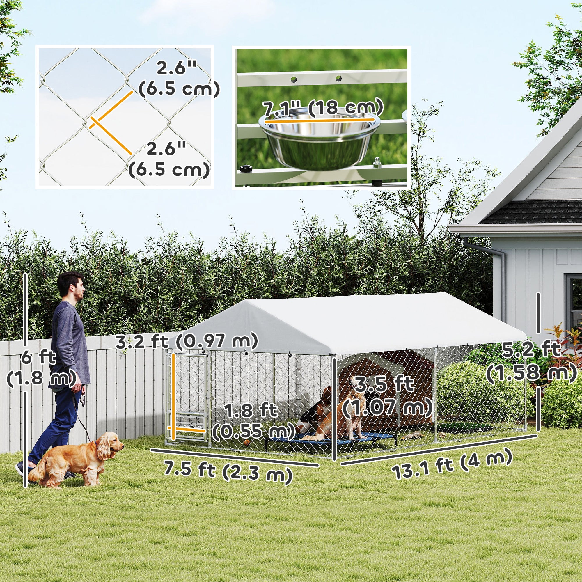 Outdoor Dog Run w/ Adjustable & Rotating Bowls, Water-Resistant UV-Resistant Cover, Secure Lock, 13.1' x 7.5' x 5.2'-Dogs-DECOROLALA