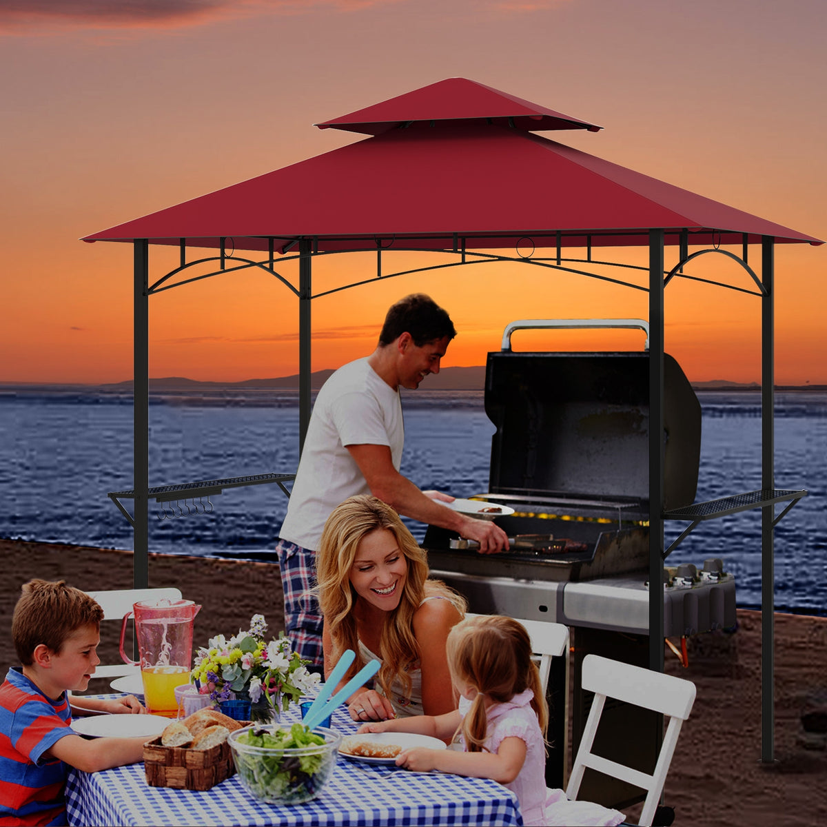 Outdoor Double-Tiered Grill Gazebo Canopy with 2 Shelves and 7 Hooks-Red-Gazebos-DECOROLALA