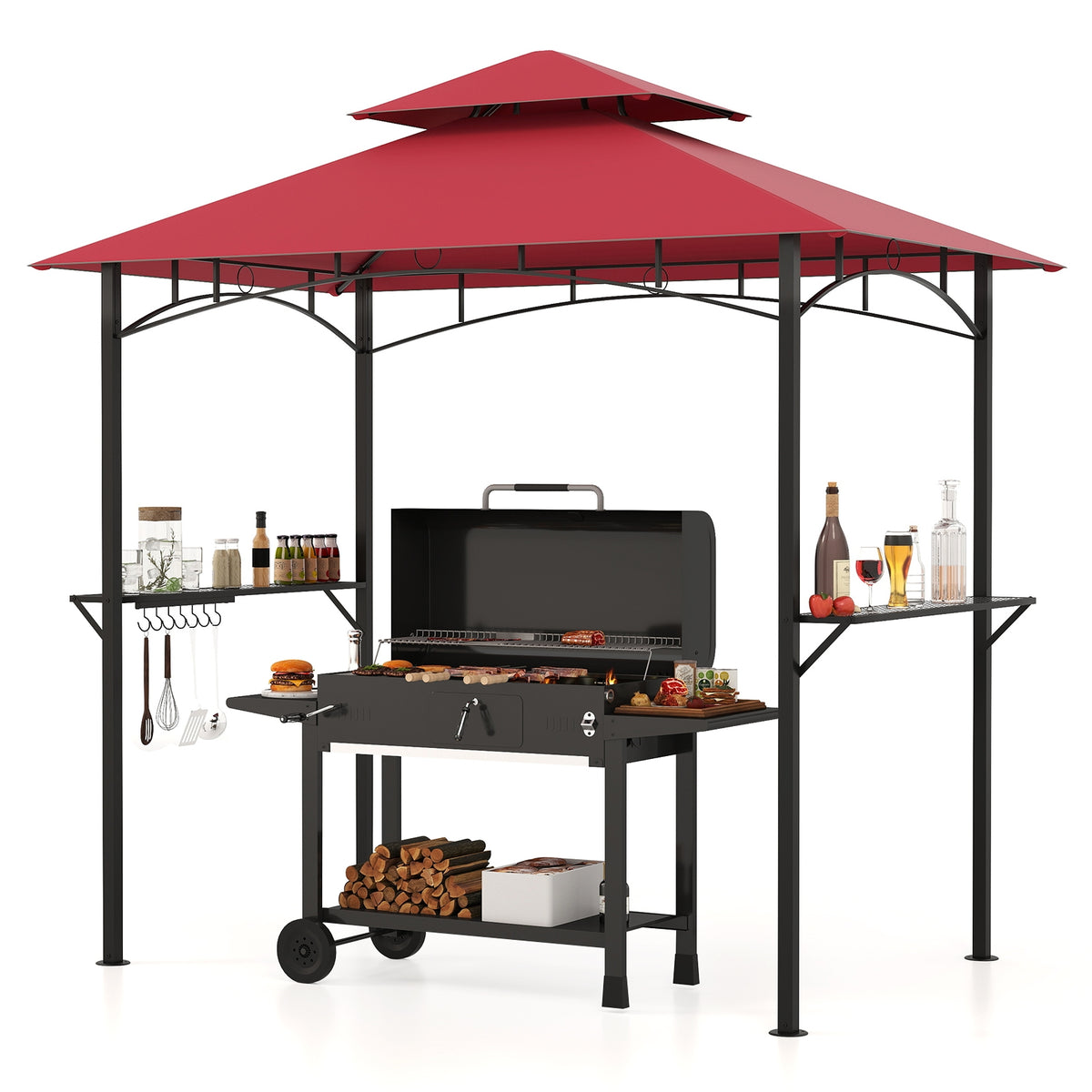 Outdoor Double-Tiered Grill Gazebo Canopy with 2 Shelves and 7 Hooks-Red-Gazebos-DECOROLALA