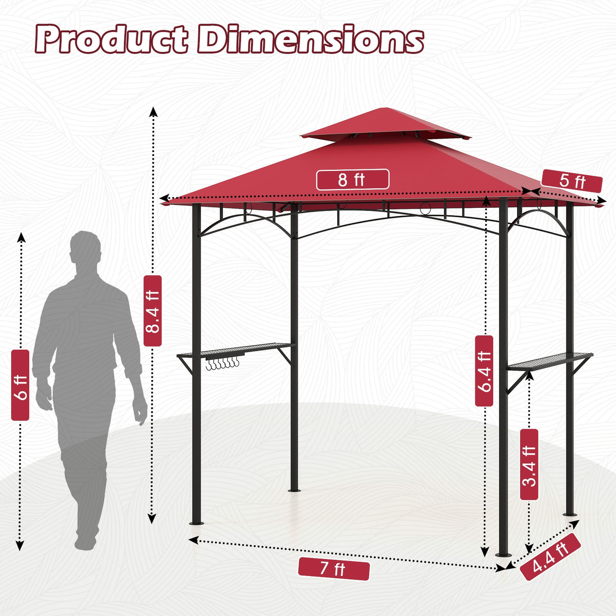 Outdoor Double-Tiered Grill Gazebo Canopy with 2 Shelves and 7 Hooks-Red-Gazebos-DECOROLALA