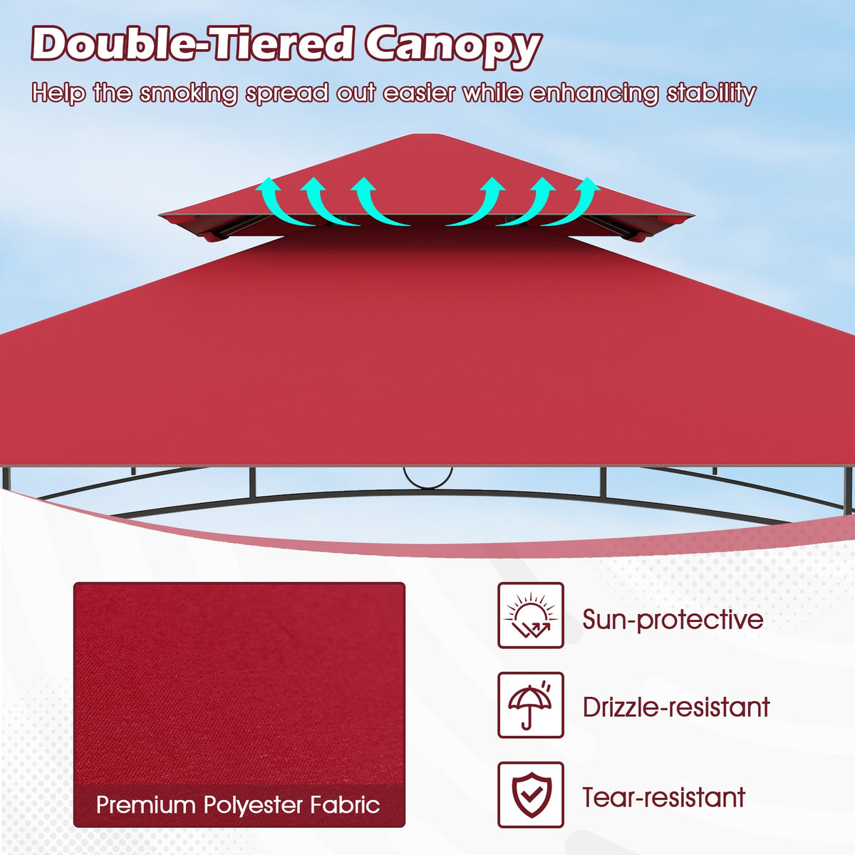 Outdoor Double-Tiered Grill Gazebo Canopy with 2 Shelves and 7 Hooks-Red-Gazebos-DECOROLALA