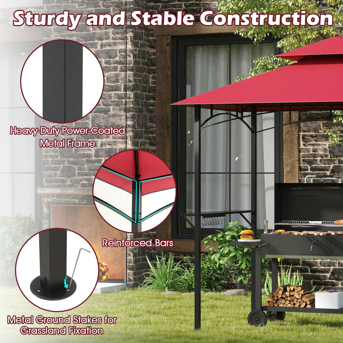 Outdoor Double-Tiered Grill Gazebo Canopy with 2 Shelves and 7 Hooks-Red-Gazebos-DECOROLALA