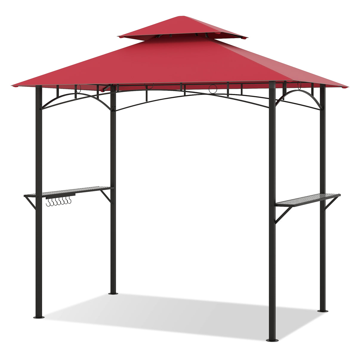 Outdoor Double-Tiered Grill Gazebo Canopy with 2 Shelves and 7 Hooks-Red-Gazebos-DECOROLALA