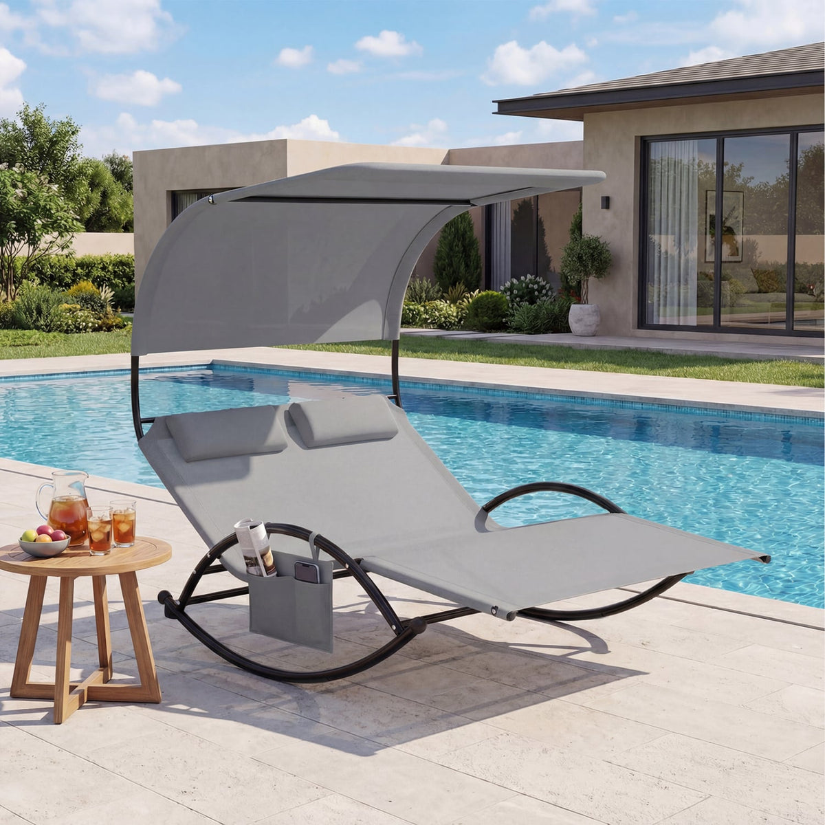 Outdoor Dual Rocker Sunbed 2-Person Canopied Patio Lounger with Detachable Headrests-Gray-Outdoor Chaise Lounges-DECOROLALA