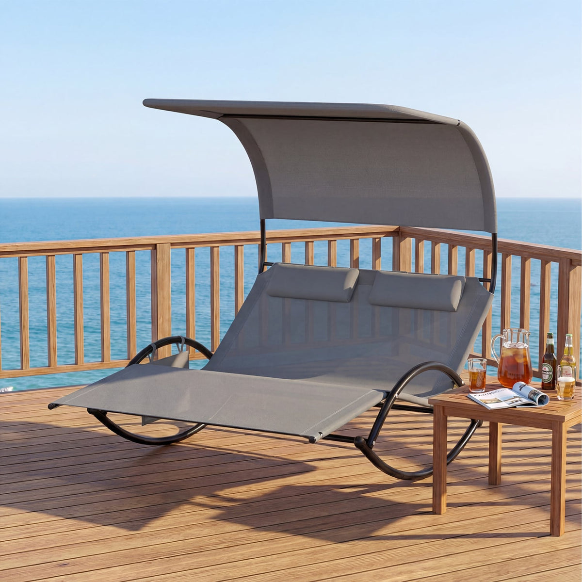 Outdoor Dual Rocker Sunbed 2-Person Canopied Patio Lounger with Detachable Headrests-Gray-Outdoor Chaise Lounges-DECOROLALA