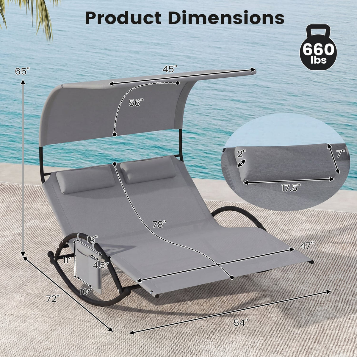 Outdoor Dual Rocker Sunbed 2-Person Canopied Patio Lounger with Detachable Headrests-Gray-Outdoor Chaise Lounges-DECOROLALA