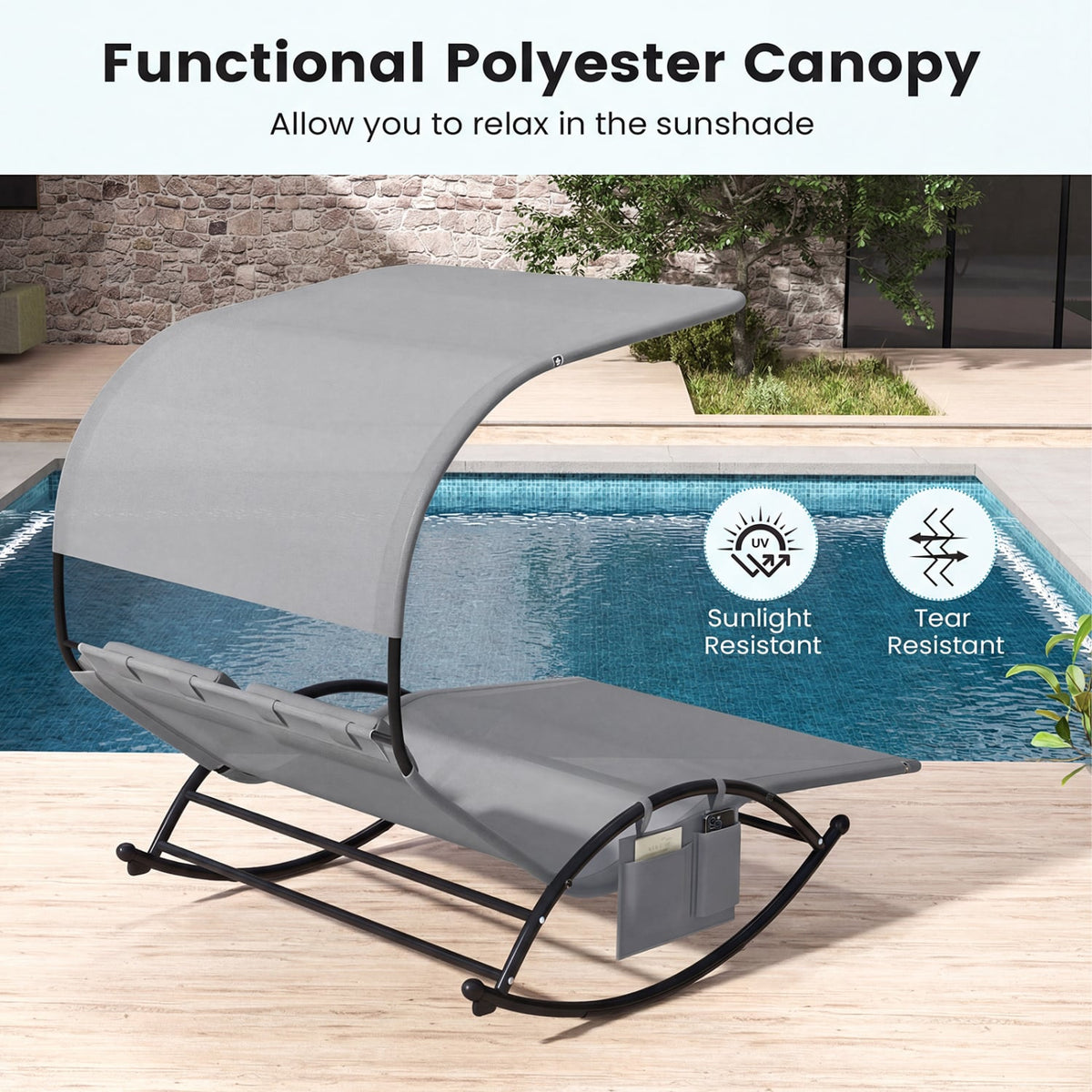 Outdoor Dual Rocker Sunbed 2-Person Canopied Patio Lounger with Detachable Headrests-Gray-Outdoor Chaise Lounges-DECOROLALA