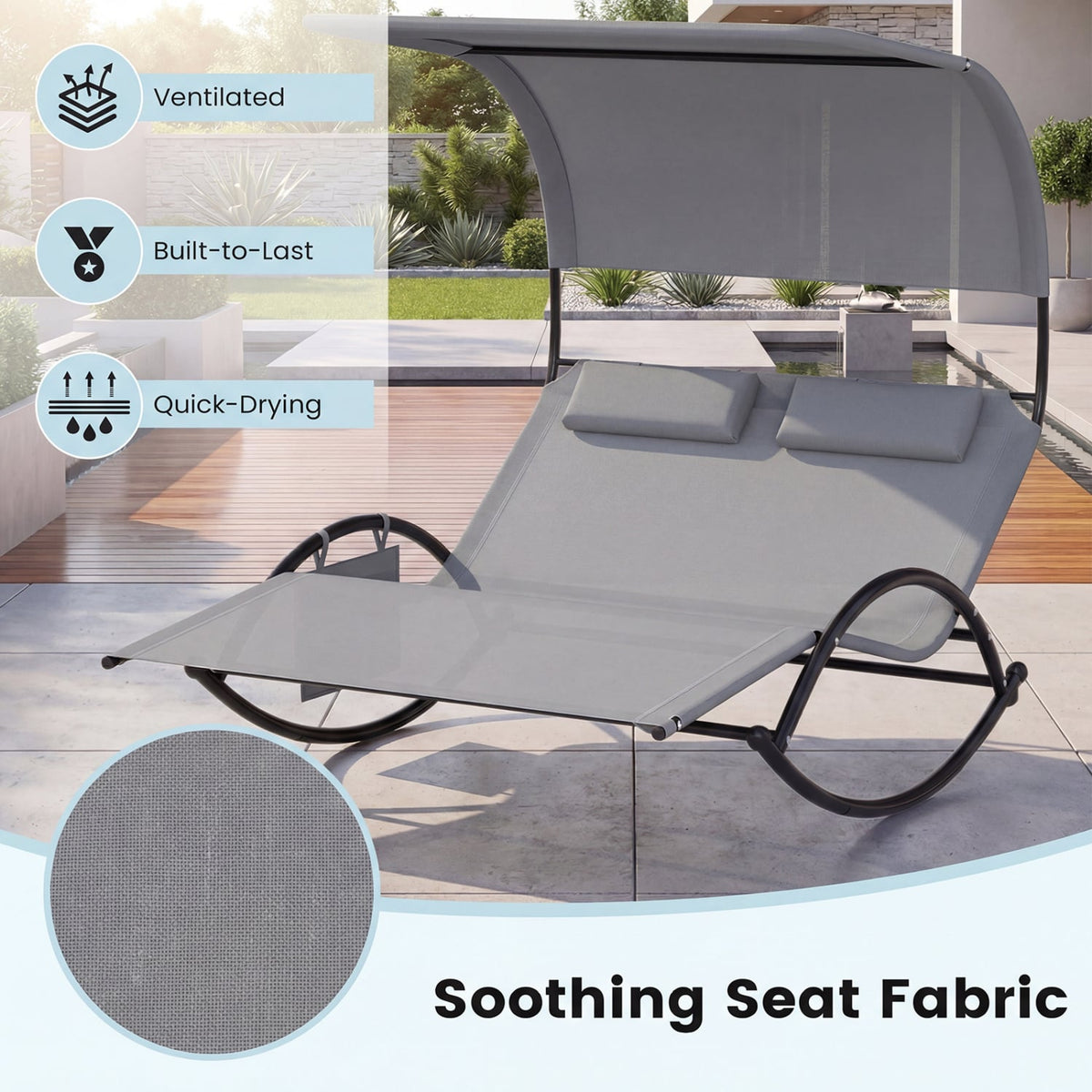Outdoor Dual Rocker Sunbed 2-Person Canopied Patio Lounger with Detachable Headrests-Gray-Outdoor Chaise Lounges-DECOROLALA