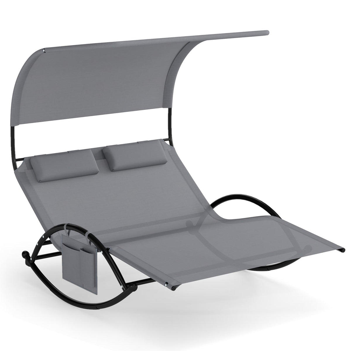 Outdoor Dual Rocker Sunbed 2-Person Canopied Patio Lounger with Detachable Headrests-Gray-Outdoor Chaise Lounges-DECOROLALA