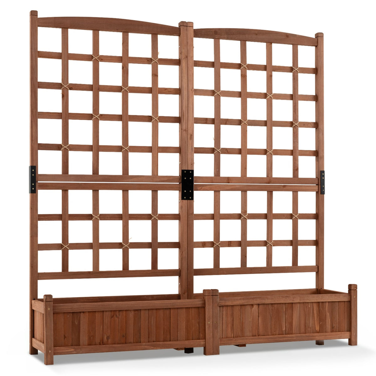 Outdoor Dual Wooden Raised Garden Bed with Trellis and Drainage Holes-Rustic Brown-Raised Garden Beds-DECOROLALA