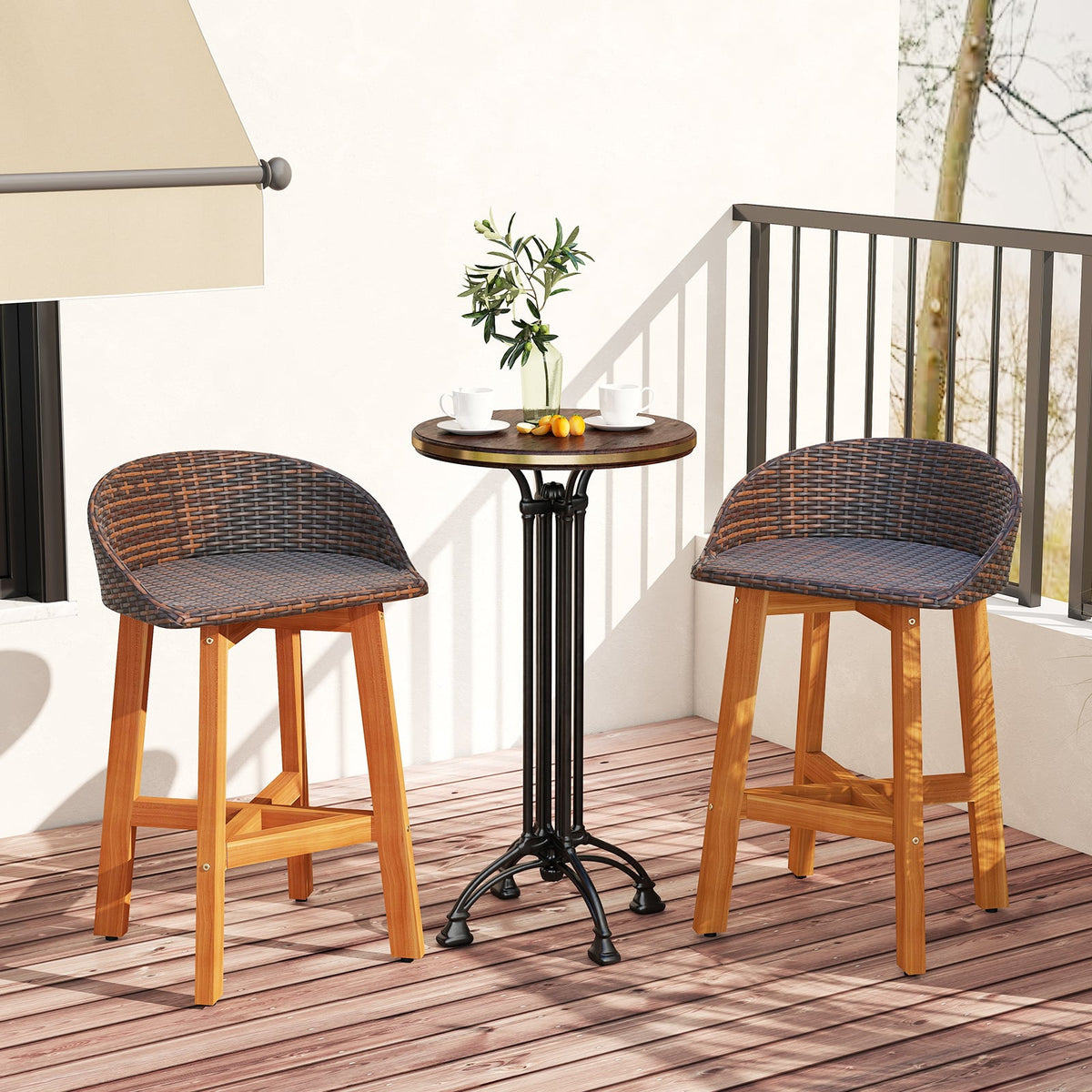 Outdoor Faux Rattan Bar Chairs Set of 2 with Ergonomic Backrests and Footrests-Brown-Patio Dining Chairs-DECOROLALA