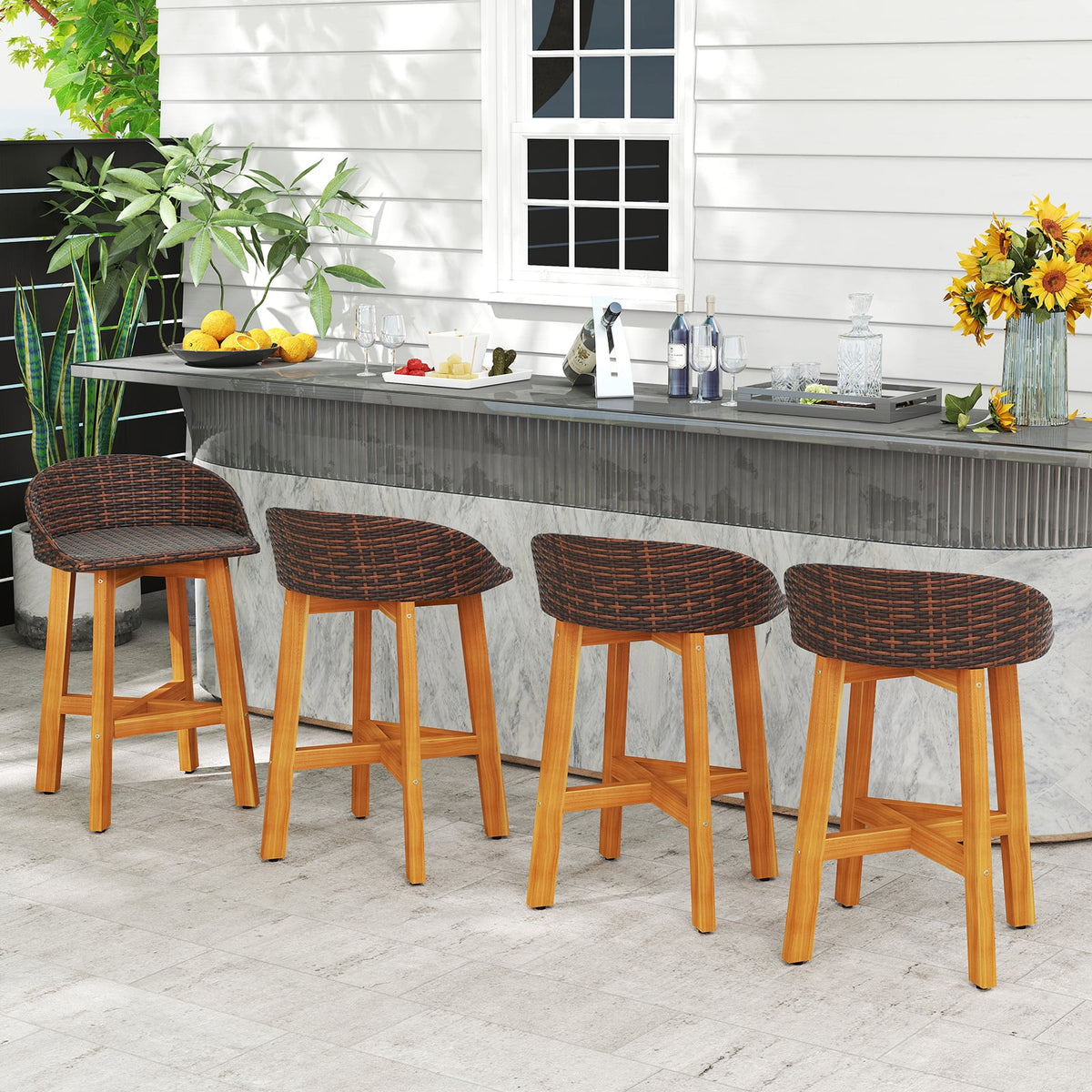 Outdoor Faux Rattan Bar Chairs Set of 2 with Ergonomic Backrests and Footrests-Brown-Patio Dining Chairs-DECOROLALA