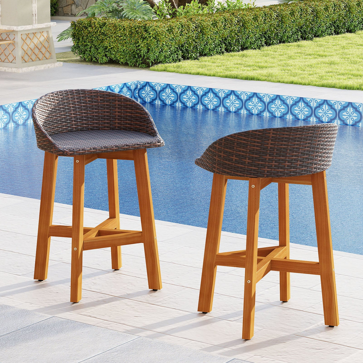 Outdoor Faux Rattan Bar Chairs Set of 2 with Ergonomic Backrests and Footrests-Brown-Patio Dining Chairs-DECOROLALA