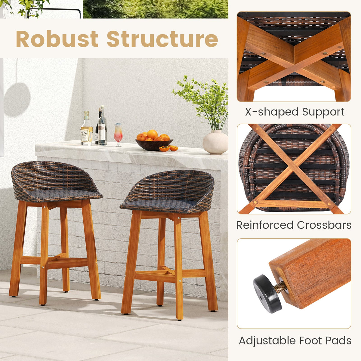 Outdoor Faux Rattan Bar Chairs Set of 2 with Ergonomic Backrests and Footrests-Brown-Patio Dining Chairs-DECOROLALA