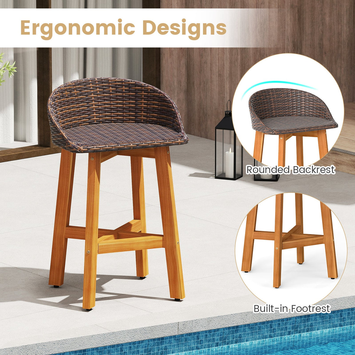 Outdoor Faux Rattan Bar Chairs Set of 2 with Ergonomic Backrests and Footrests-Brown-Patio Dining Chairs-DECOROLALA