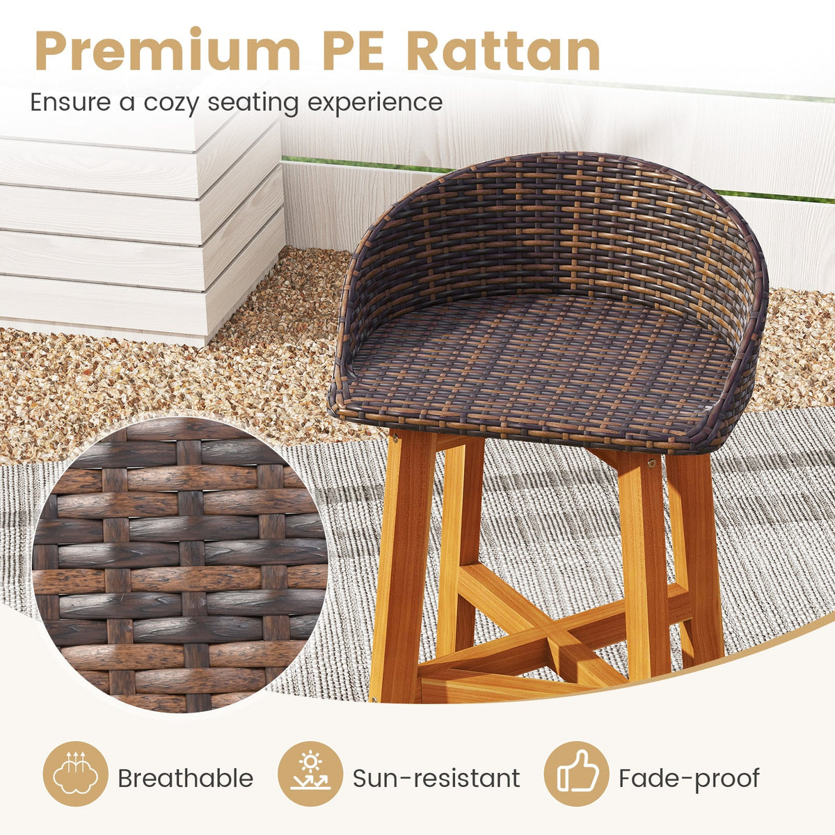 Outdoor Faux Rattan Bar Chairs Set of 2 with Ergonomic Backrests and Footrests-Brown-Patio Dining Chairs-DECOROLALA