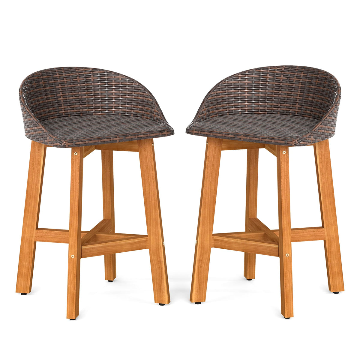 Outdoor Faux Rattan Bar Chairs Set of 2 with Ergonomic Backrests and Footrests-Brown-Patio Dining Chairs-DECOROLALA