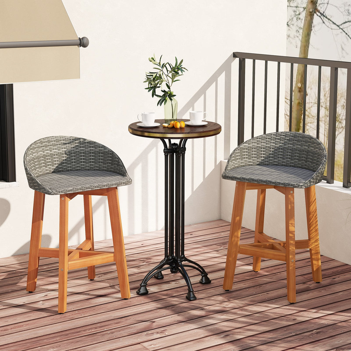 Outdoor Faux Rattan Bar Chairs Set of 2 with Ergonomic Backrests and Footrests-Gray-Patio Dining Chairs-DECOROLALA