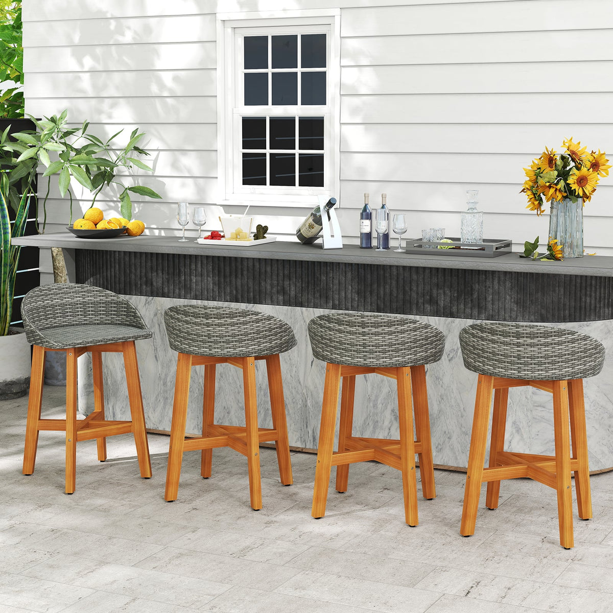 Outdoor Faux Rattan Bar Chairs Set of 2 with Ergonomic Backrests and Footrests-Gray-Patio Dining Chairs-DECOROLALA