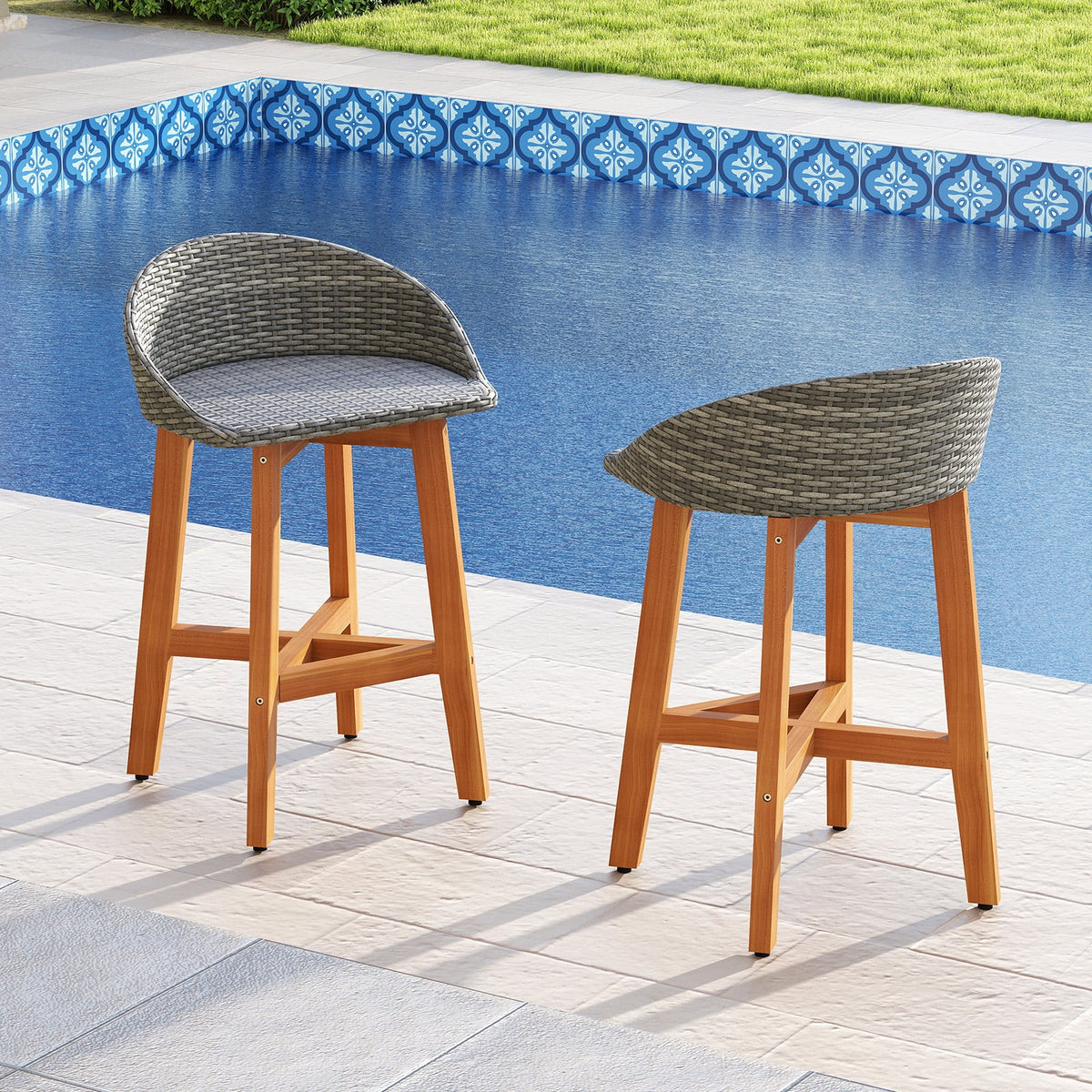 Outdoor Faux Rattan Bar Chairs Set of 2 with Ergonomic Backrests and Footrests-Gray-Patio Dining Chairs-DECOROLALA