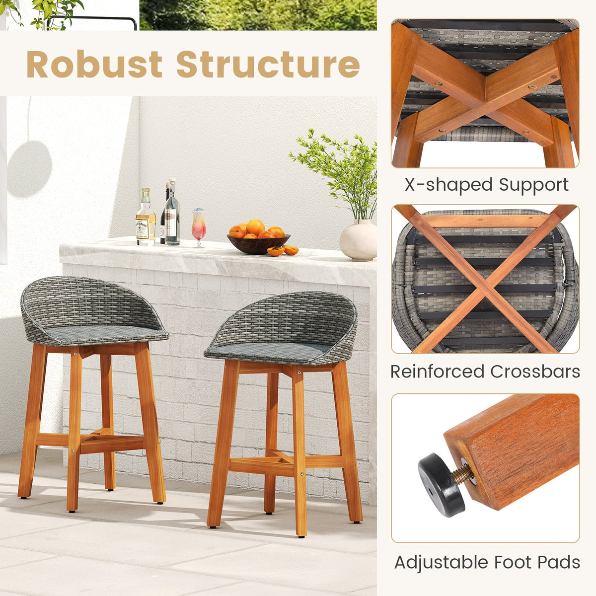 Outdoor Faux Rattan Bar Chairs Set of 2 with Ergonomic Backrests and Footrests-Gray-Patio Dining Chairs-DECOROLALA