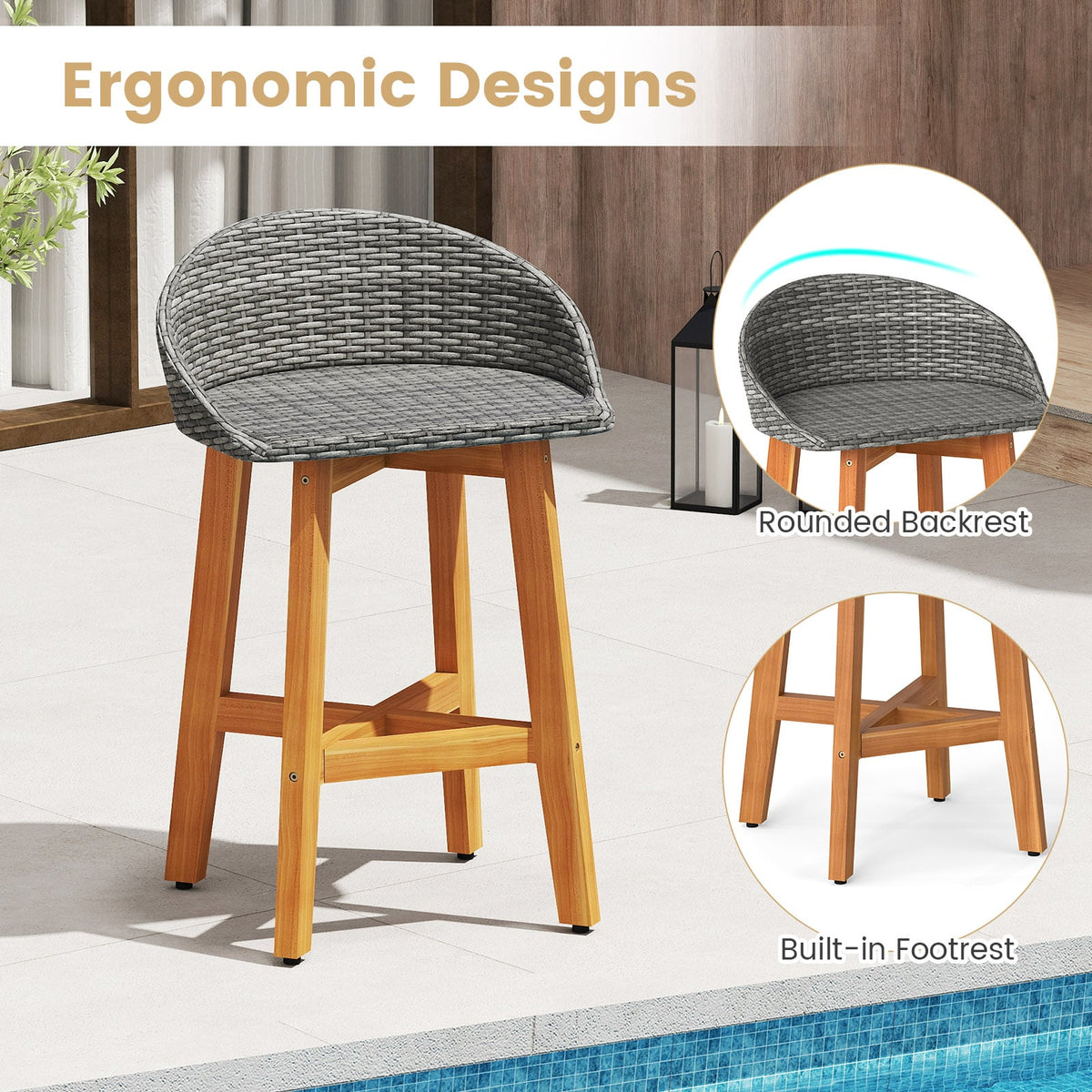 Outdoor Faux Rattan Bar Chairs Set of 2 with Ergonomic Backrests and Footrests-Gray-Patio Dining Chairs-DECOROLALA