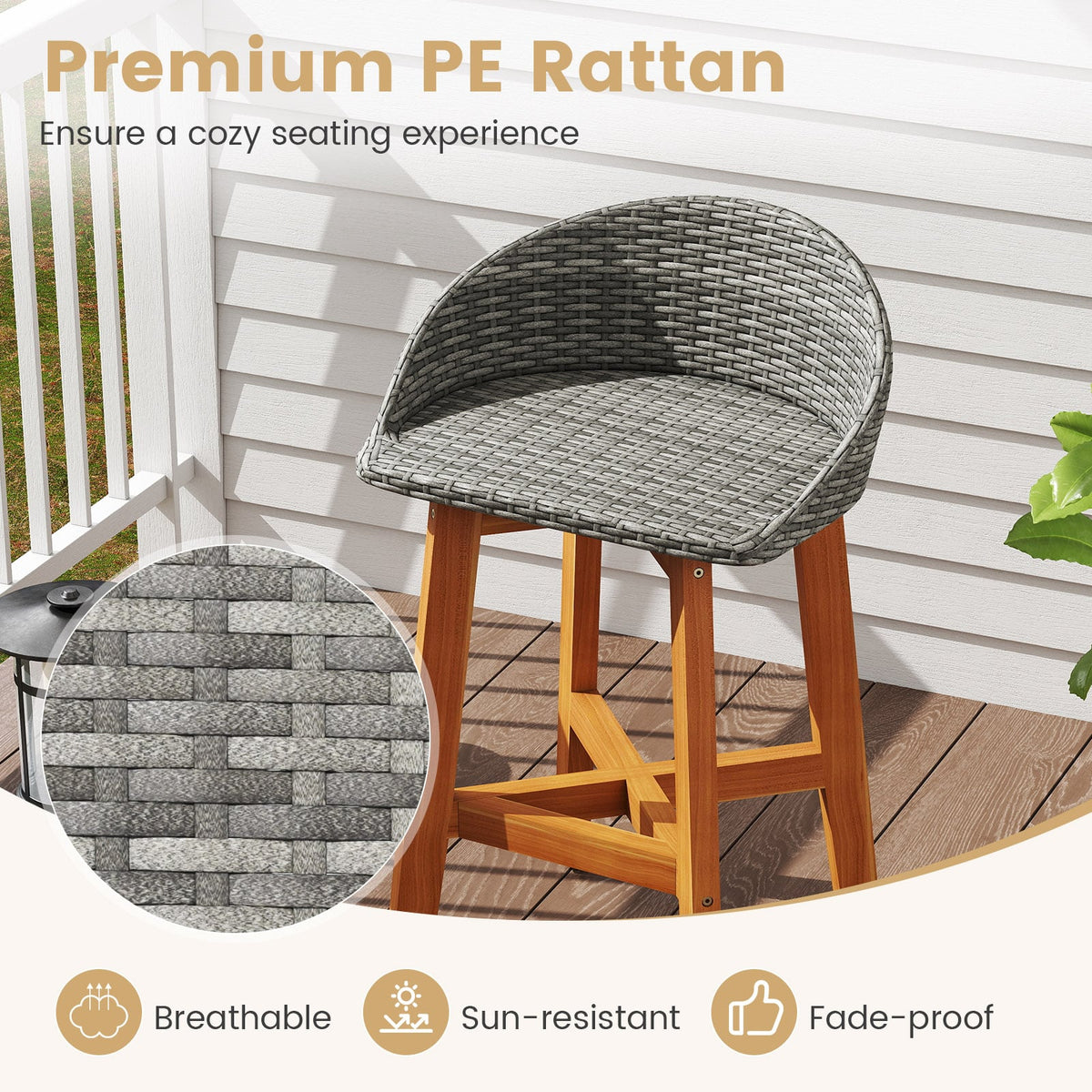 Outdoor Faux Rattan Bar Chairs Set of 2 with Ergonomic Backrests and Footrests-Gray-Patio Dining Chairs-DECOROLALA