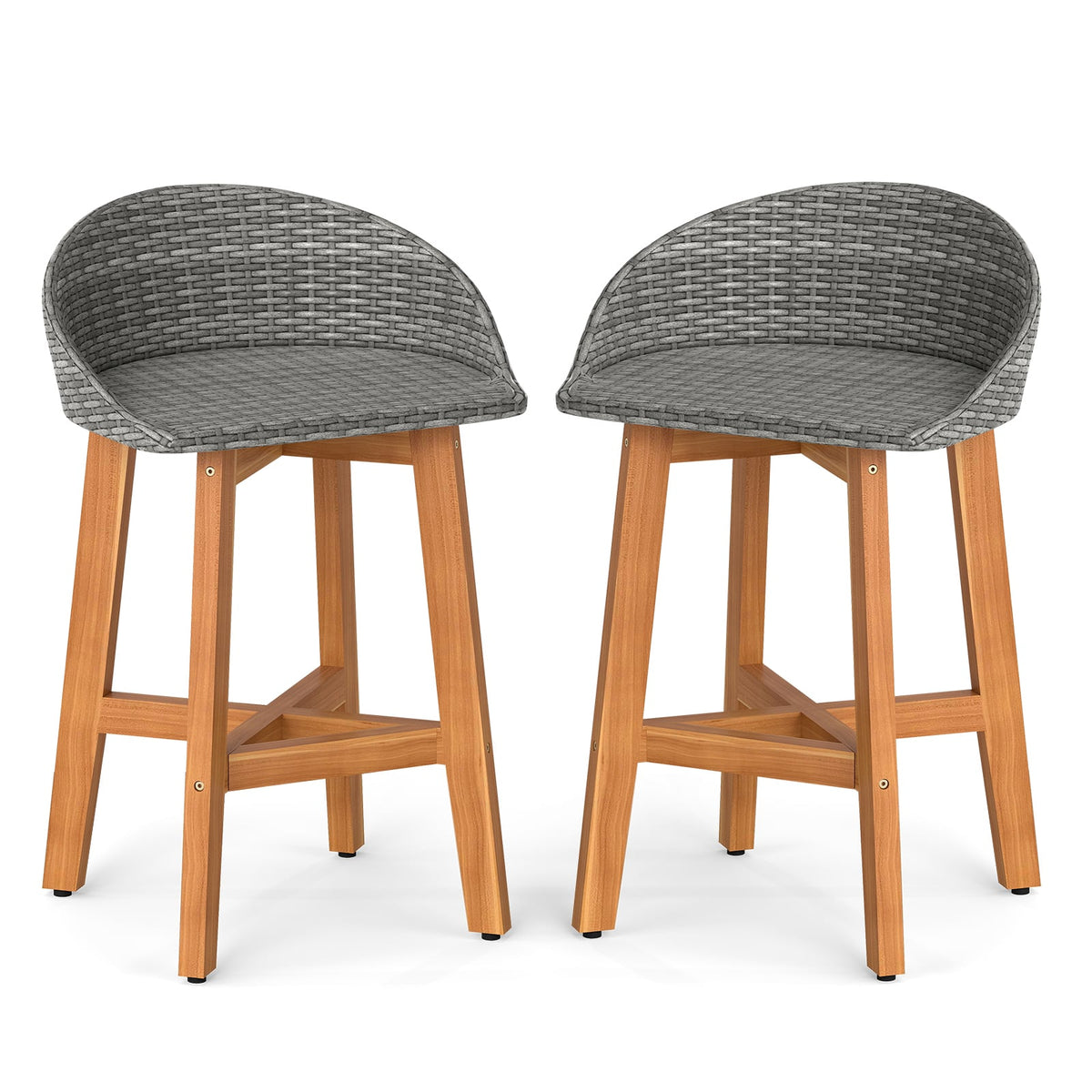 Outdoor Faux Rattan Bar Chairs Set of 2 with Ergonomic Backrests and Footrests-Gray-Patio Dining Chairs-DECOROLALA