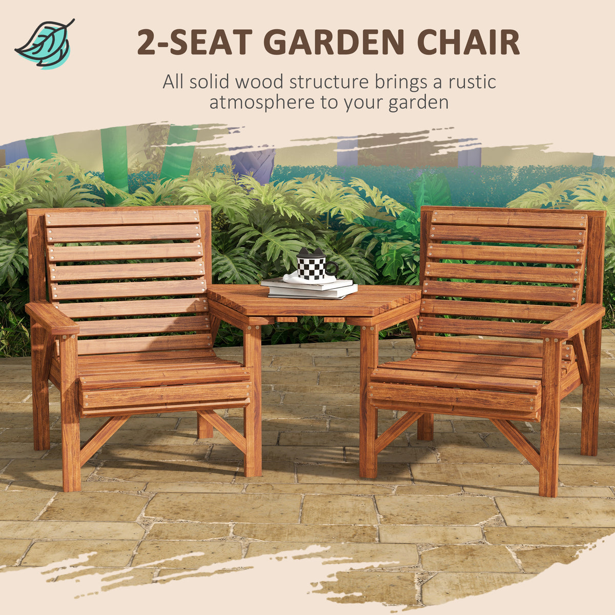 Outdoor Fir Wood Bench Set with Table - Tan Brown 2-Seat-Outdoor Benches-DECOROLALA
