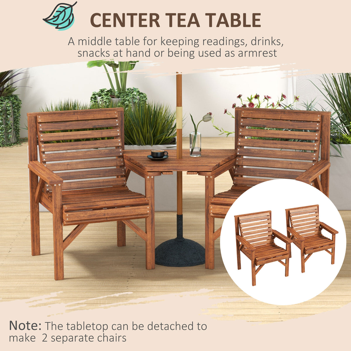 Outdoor Fir Wood Bench Set with Table - Tan Brown 2-Seat-Outdoor Benches-DECOROLALA